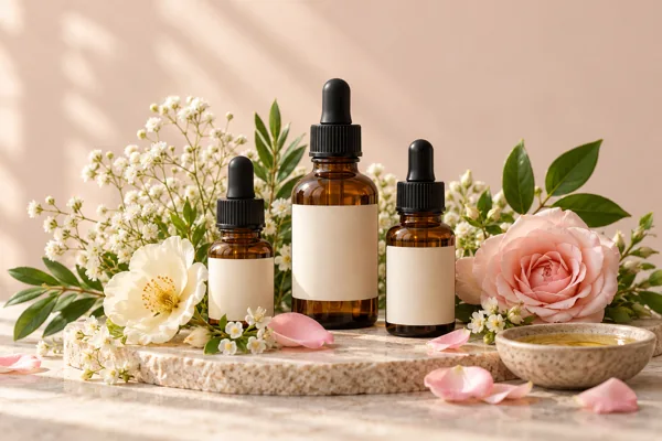 Wellness oils with soft florals and green leaves