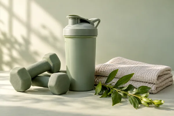 Sage shaker and fitness accessories with natural greenery