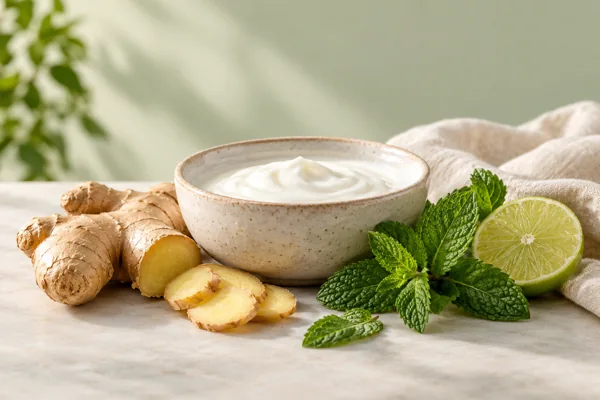 Yoghurt, ginger, mint and lime on cream linen