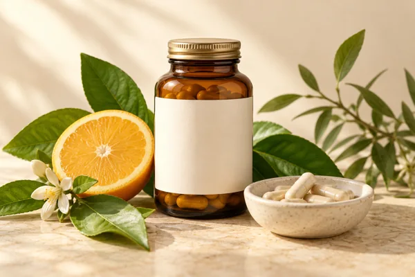 Amber vitamin bottle, capsules and fresh citrus