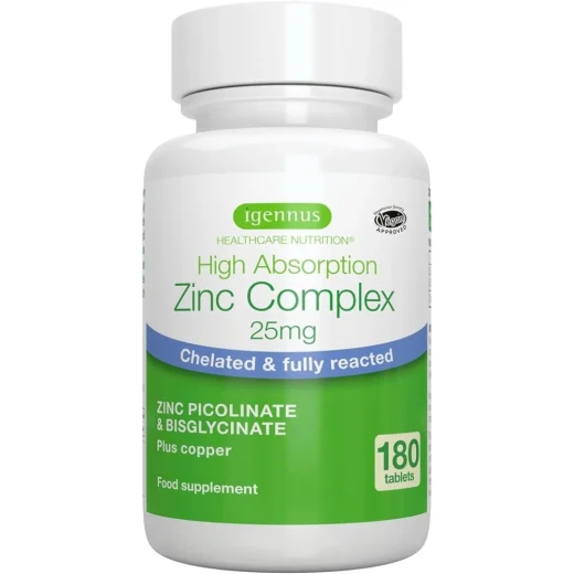 Igennus Healthcare Nutrition Zinc Complex 25mg Tabs — with Copper, Chelated Zinc Picolinate & Bisglycinate (180's)