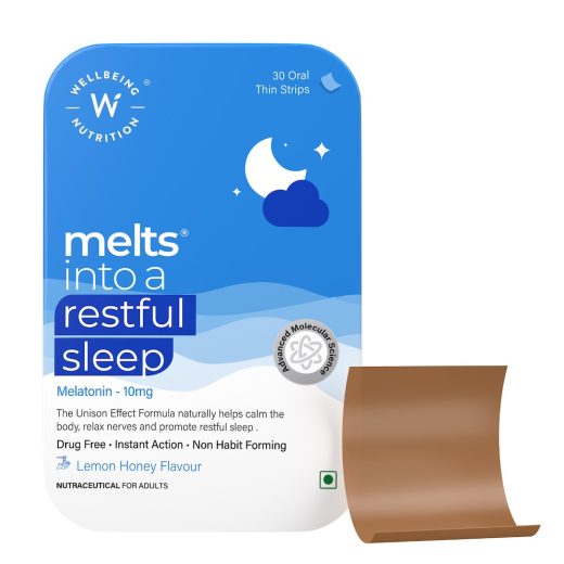 Wellbeing Nutrition Melts® Restful Sleep Melatonin Oral Strips — Melatonin 10mg, Valerian root, L-Theanine, L-Trytophan,Vitamin B6,Ashwagandha,Chamomile,Passion flower Extract (30's)