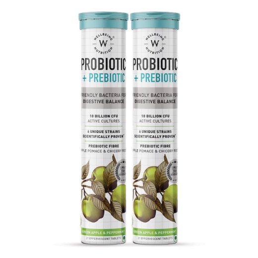 Wellbeing Nutrition Effervescent Probiotic + Prebiotic Fibre 18 billion CFU Live Cultures CFU Tabs — 6 Strains, Lactobacillus; Acidophilus, Casei Rhamnosus, Bifidobacterium; Lactis, Bifidum, Streptococcus Thermophilus, Chicory Root Extract & Apple Pomace Fibre (21's)
